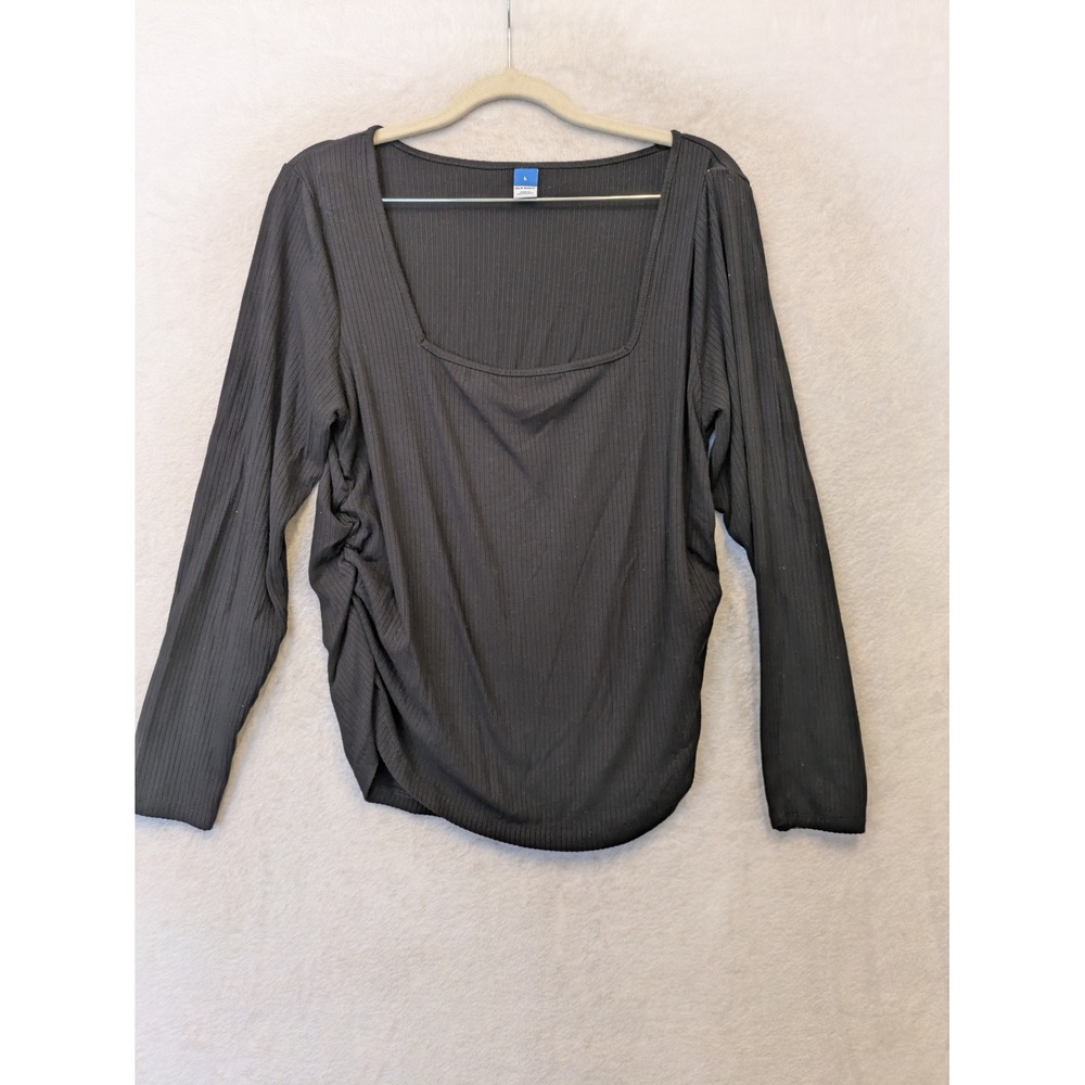 Old Navy Top Women's Large Black Square Neck Side Ruched Long Sleeve Ribbed
